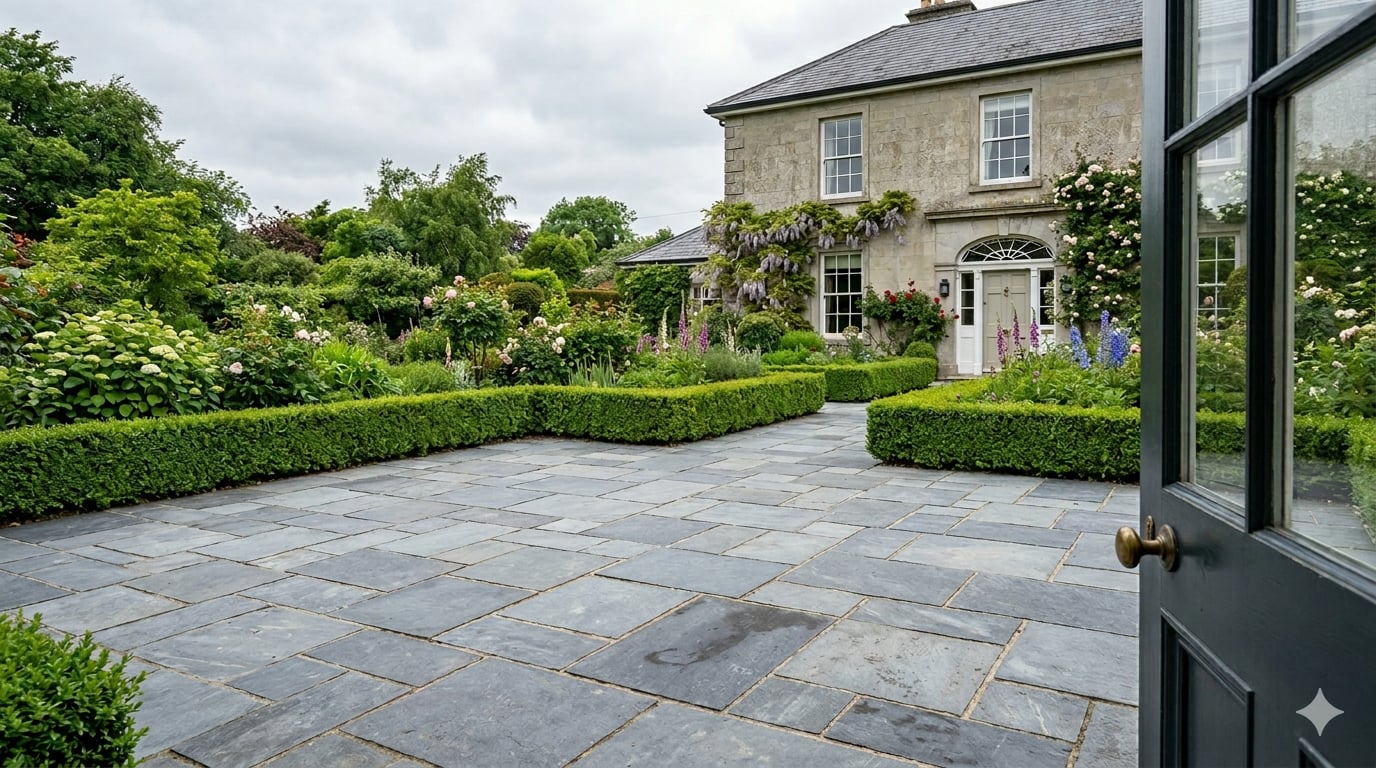 A wider view of the same patio from the garden side, showing the Georgian house with wisteria and roses, clipped box hedging framing the patio area in random-pattern Kilkenny Blue Limestone.