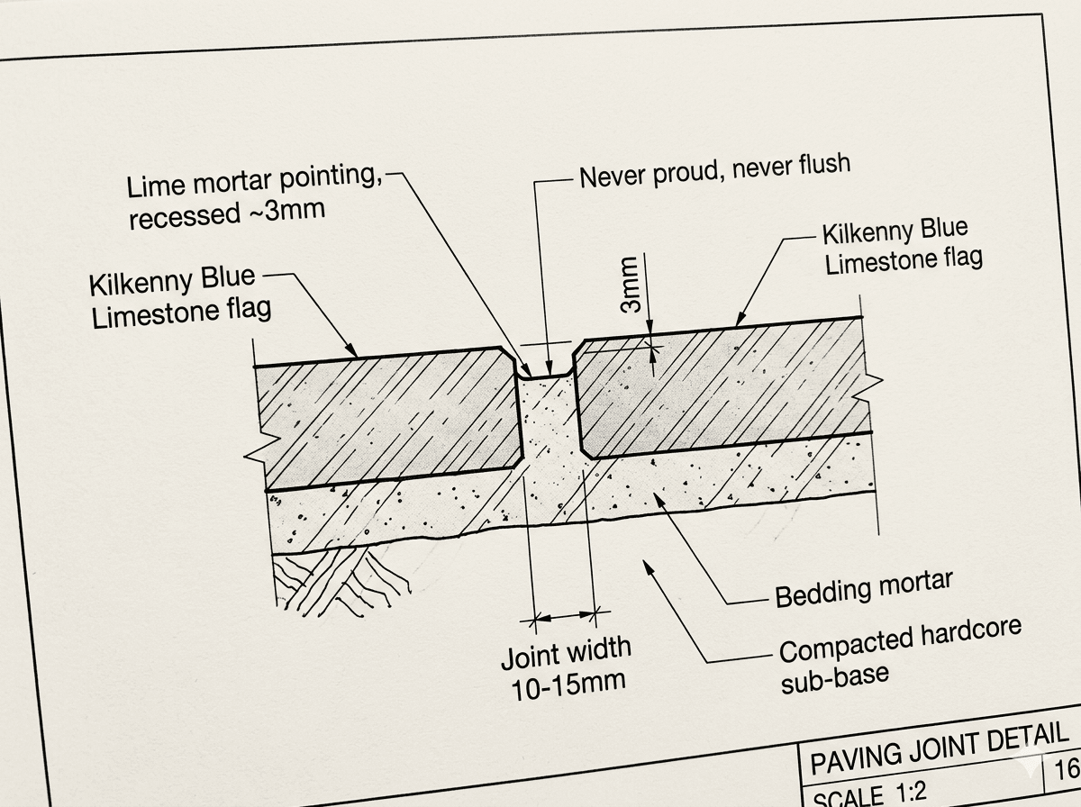 Close-up illustration of the joint between two Kilkenny Blue Limestone flags showing the lime mortar pointing recessed approximately 3mm below the face of the stone, with the cross-section indicating the bedding mortar below.