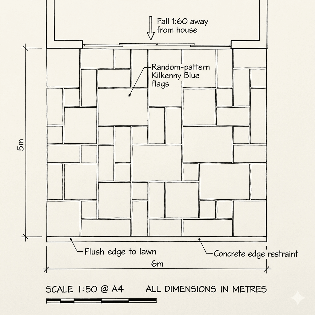 Top-down plan view of a 6 by 5 metre Kilkenny Blue Limestone patio with random-pattern flags of varied sizes, lime mortar joints, indicating a 1:60 fall away from the house and a flush edge transition to lawn.