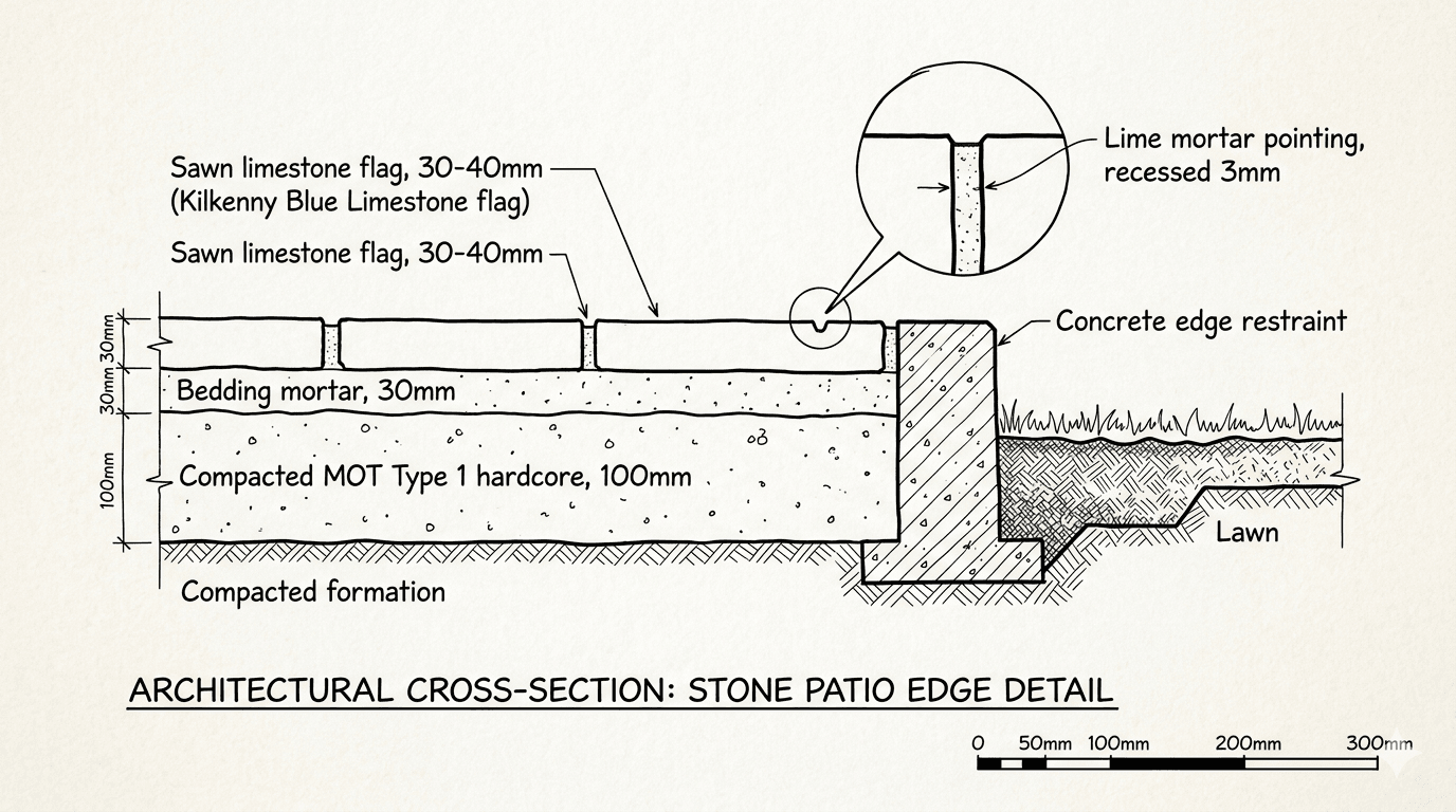 Cross-section drawing through the patio edge showing 100mm compacted MOT Type 1 hardcore sub-base, 30mm bedding mortar, sawn Kilkenny Blue Limestone flag, lime mortar pointing recessed from the face, and the transition to lawn on a concrete edge restraint.