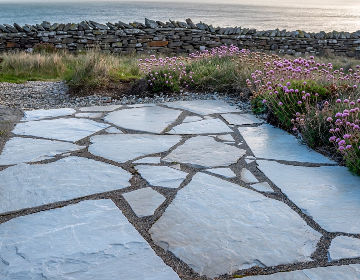 A closer view of the same patio in split Donegal Quartzite, showing the variation in flag sizes, the wide sand-filled joints, and the soft edge dissolving into gravel and sea pinks along a low rough stone wall.