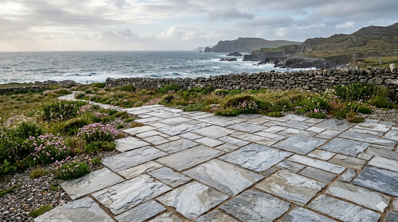 A wide cinematic view of a west-of-Ireland coastal patio in split Donegal Quartzite, irregular flags meeting sea pinks and rough grass, with the Atlantic and cliffs in the background under soft overcast light.