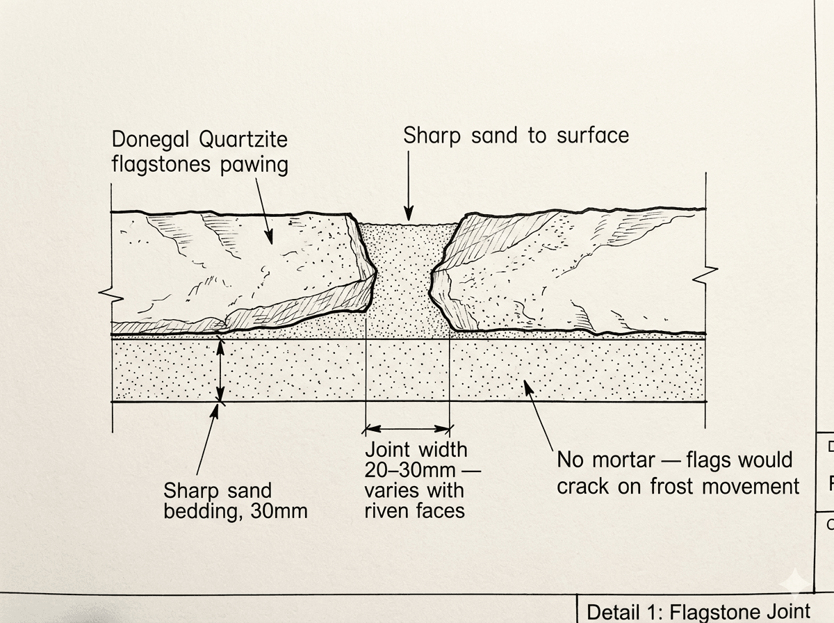 Close-up illustration of a sand-filled joint between two Donegal Quartzite flags, showing the wide 20-30mm joint, sharp sand to the surface, and the riven faces of the flags forming irregular natural edges.