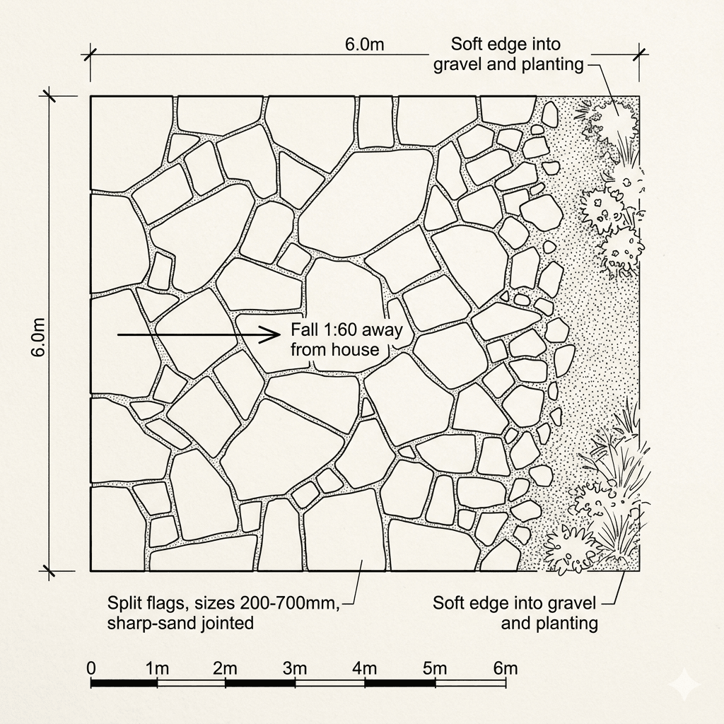 Top-down plan of a 6 by 5 metre irregular-flag patio in Donegal Quartzite, with flags of widely varied sizes from 200mm to 700mm, wide sand-filled joints, and a fall of 1:60 away from the house, with the edge fading into gravel and planting rather than a hard restraint.