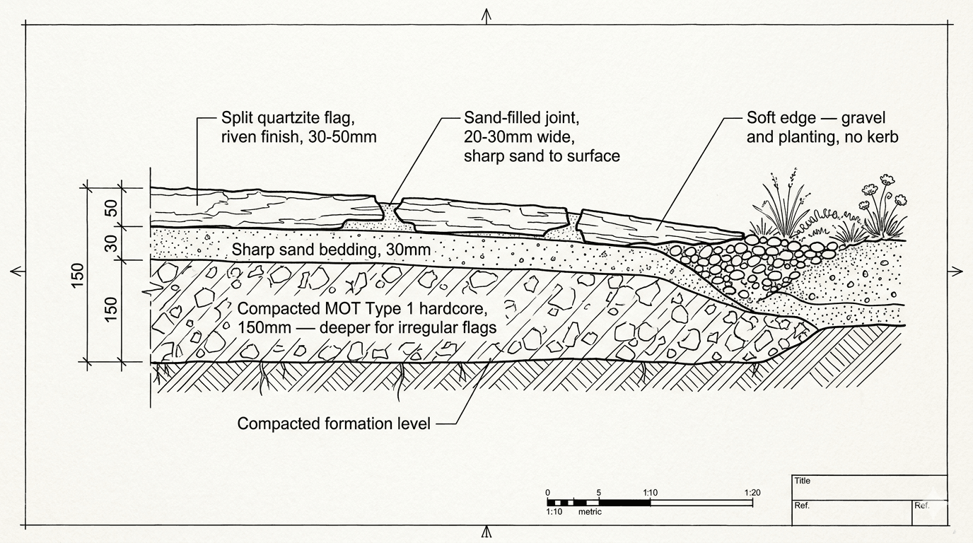Cross-section through the patio edge showing 150mm compacted hardcore sub-base, sharp sand bedding, split Donegal Quartzite flag with riven top surface, sand-filled joint, and the edge fading into gravel-and-planting rather than a hard kerb.